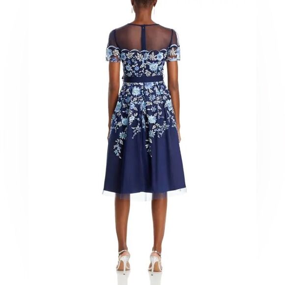 NWT Eliza J | Navy Blue Floral Illusion Neck Embroidered Cocktail Dress 4P - Picture 3 of 13